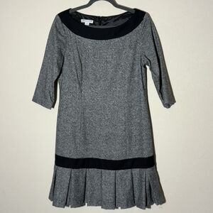 Pendelton Dress 12P Black Gray Tweed Shift Pleated Officecorp Boardroom Chic